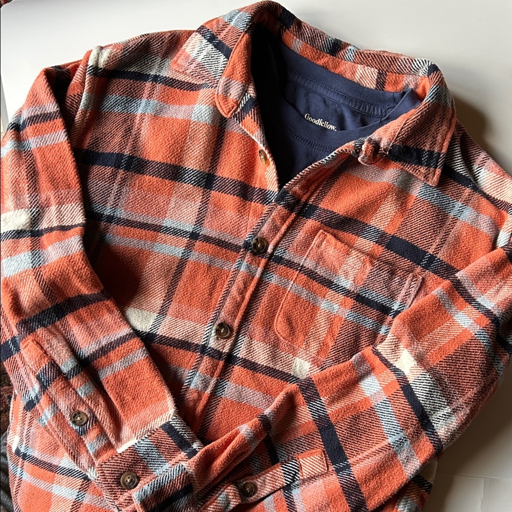 Goodfellow Plaid Flannel Shirt Jacket Orange Navy